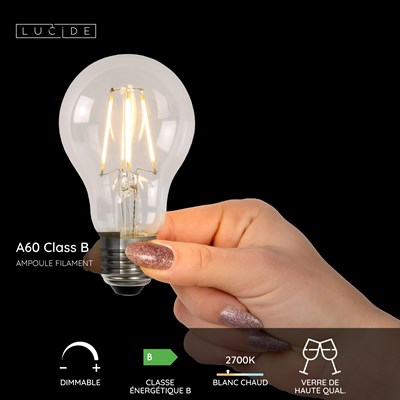 Lucide A60 Class B - Ampoule filament - Ø 6,4 cm - LED Dim. - E27 - 1x7W 2700K - Transparent